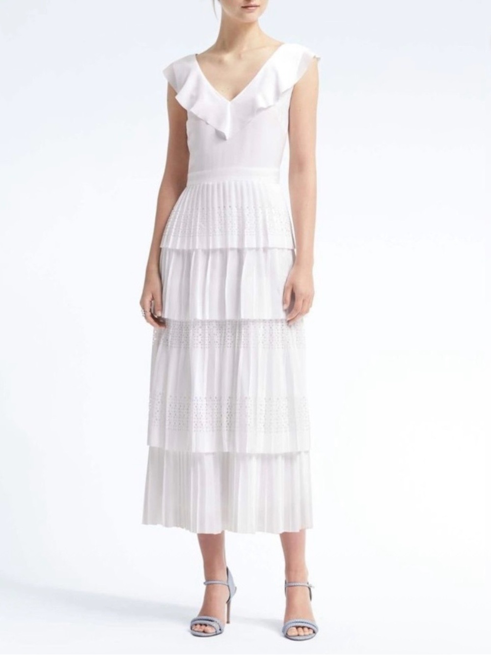 NWT Laser Cut Tiered Ruffle Midi Dress